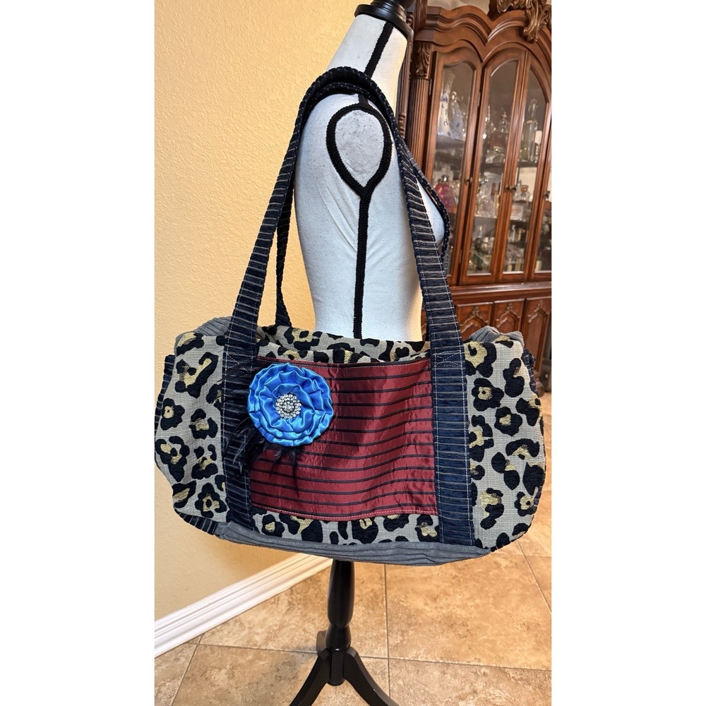 Miss Margo Designs Boho Patchwork Leopard Tote Bag Flower Brooch Large Tapestry